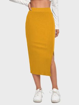 Buynewtrend - Yellow Solid Below Knee Slit Women Pencil Skirt