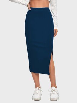 Buynewtrend - Blue Solid Below Knee Slit Women Pencil Skirt