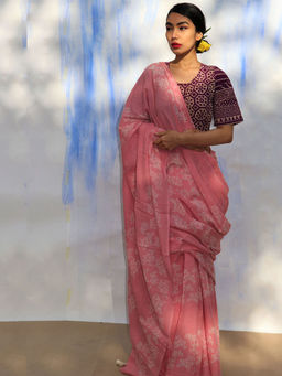 Chidiyaa - SKD Pink Bel Handprinted Pure Cotton Saree