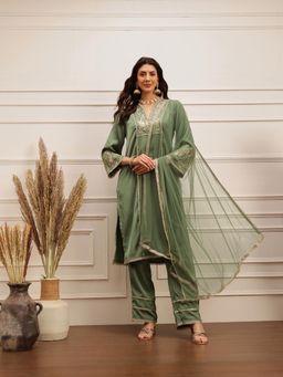 Barara Ethnic - Olive Luxe Embroidered Kurta with Pant and Dupatta (Set of 3)