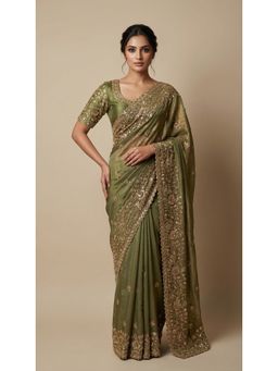 Dress & Dazzle - Lime Green Zardozi Saree with Unstitched Blouse
