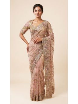 Dress & Dazzle - Onion Pink Net Saree with Unstitched Blouse