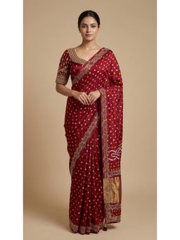 Dress & Dazzle - Maroon Bandhini Saree with Unstitched Blouse