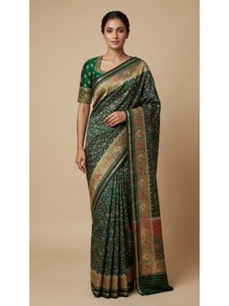 Dress & Dazzle - Dark Green Patola Silk Saree with Unstitched Blouse