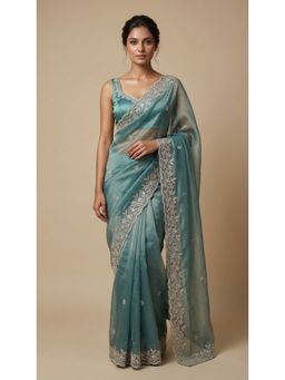 Dress & Dazzle - Blue Tissue Saree with Unstitched Blouse