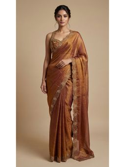 Dress & Dazzle - Brown Tissue Saree with Unstitched Blouse