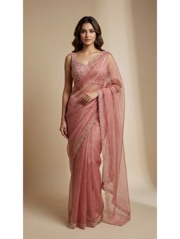 Dress & Dazzle - Onion Pink Crush Tissue Saree with Unstitched Blouse