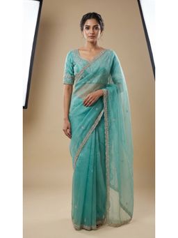 Dress & Dazzle - Firozi Crush Tissue Saree with Unstitched Blouse