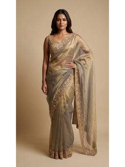 Dress & Dazzle - Leaf Grey Tissue Saree with Unstitched Blouse