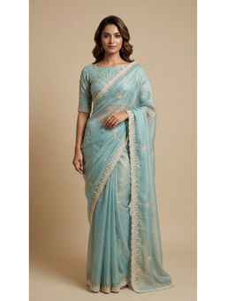 Dress & Dazzle - Aqua Crush Tissue Saree with Unstitched Blouse