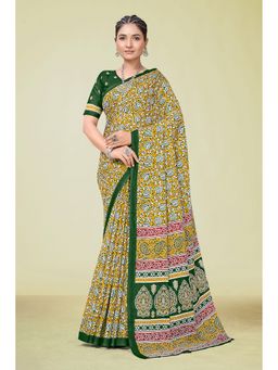 KALAASHREE - Cotton Printed Green Saree with Unstitched Blouse