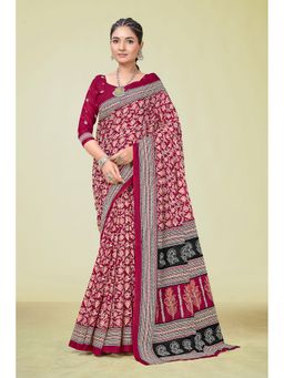 KALAASHREE - Cotton Printed Red Saree with Unstitched Blouse