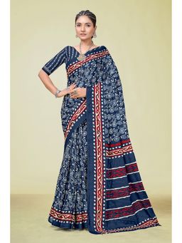 KALAASHREE - Cotton Printed Blue Saree with Unstitched Blouse