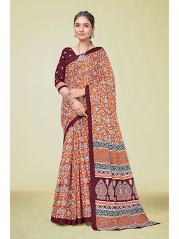 KALAASHREE - Cotton Printed Orange Saree with Unstitched Blouse