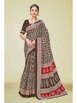 KALAASHREE - Cotton Printed Maroon Saree with Unstitched Blouse