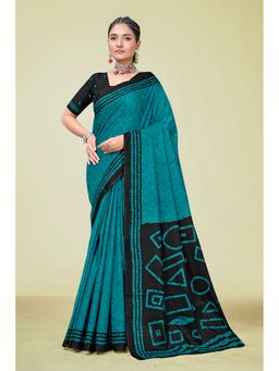 KALAASHREE - Cotton Printed Blue Saree with Unstitched Blouse