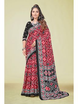 KALAASHREE - Cotton Printed Red Saree with Unstitched Blouse