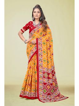KALAASHREE - Cotton Printed Yellow Saree with Unstitched Blouse