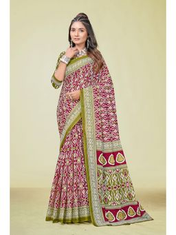 KALAASHREE - Cotton Printed Red Saree with Unstitched Blouse