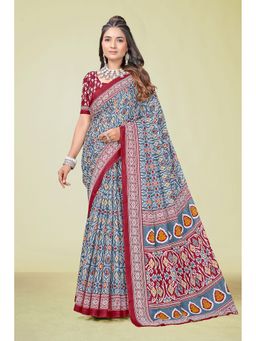 KALAASHREE - Cotton Printed Blue Saree with Unstitched Blouse