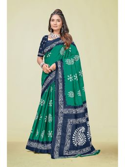 KALAASHREE - Cotton Printed Green Saree with Unstitched Blouse