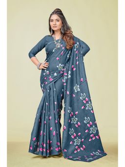 KALAASHREE - Cotton Printed Grey Saree with Unstitched Blouse