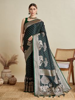 KALAASHREE - Silk Woven Green Saree with Unstitched Blouse