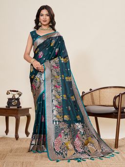 KALAASHREE - Silk Woven Green Saree with Unstitched Blouse