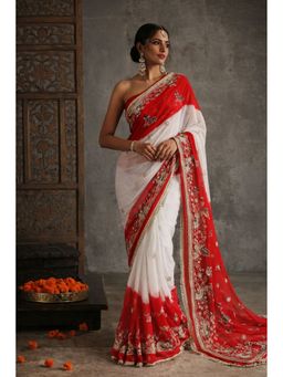 Geroo Jaipur - White Chiffon Holi Saree with Zari and Kardana Work with Unstitched Blouse