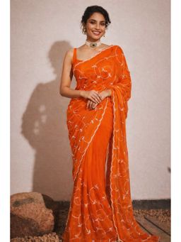 Geroo Jaipur - Orange Georgette Full Jaal Tube Light Work Saree with Unstitched Blouse