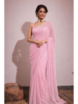 Geroo Jaipur - Pink Georgette Full Jaal Tube Light Work Saree with Unstitched Blouse
