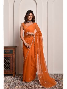 Sutra Attire - Rust Hand Embellished Mukaish Work Chiffon Saree with Unstitched Blouse