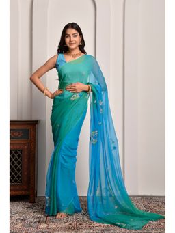 Sutra Attire - Blue Shaded Hand Embellished Chiffon Saree with Unstitched Blouse