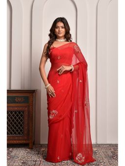 Sutra Attire - Red Shaded Hand Embellished Chiffon Saree with Unstitched Blouse