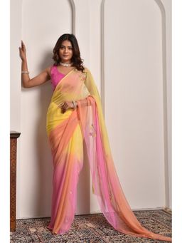 Sutra Attire - Multi-Colour Shaded Hand Embellished Chiffon Saree with Unstitched Blouse