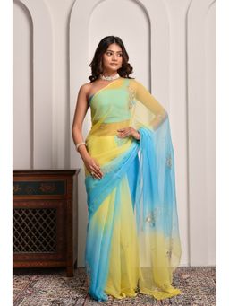 Sutra Attire - Multi-Colour Shaded Hand Embellished Chiffon Saree with Unstitched Blouse