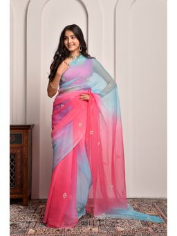 Sutra Attire - Red Shaded Hand Embellished Chiffon Saree with Unstitched Blouse