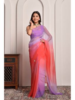 Sutra Attire - Purple Shaded Hand Embellished Chiffon Saree with Unstitched Blouse