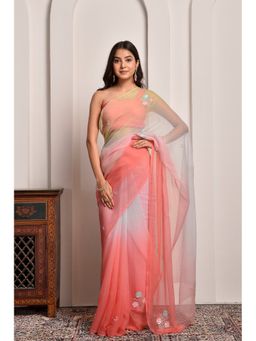 Sutra Attire - Peach and Green Shaded Sequins Work Chiffon Saree with Unstitched Blouse