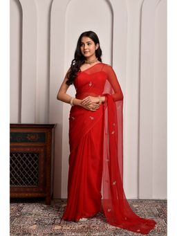 Sutra Attire - Red Hand Embroidered Chiffon Saree with Unstitched Blouse