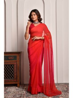 Sutra Attire - Red Shaded Mukaish Work Chiffon Saree with Unstitched Blouse