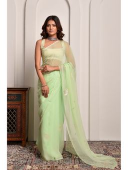 Sutra Attire - Pista Green Hand Embellished Chiffon Saree with Unstitched Blouse