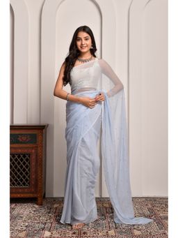 Sutra Attire - Grey Hand Embellished Sequins Work Chiffon Saree with Unstitched Blouse