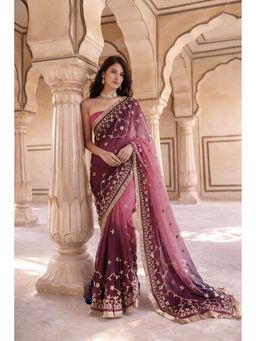 Geroo Jaipur - Magenta Shaded Chiffon Saree with Gota Patti Jaal Work with Unstitched Blouse
