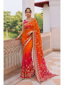 Geroo Jaipur - Orange Shaded Chiffon Saree with Gota Patti Jaal Work with Unstitched Blouse