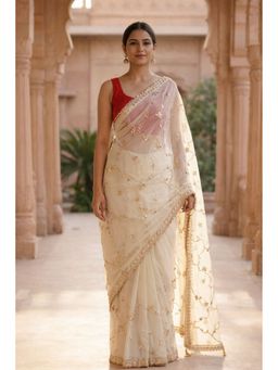 Geroo Jaipur - Off White Chiffon Saree with Gota Patti Jaal Work with Unstitched Blouse