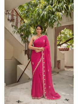 Geroo Jaipur - Pink Chiffon Saree with Gotta Patti with Unstitched Blouse