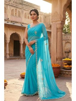 Geroo Jaipur - Blue Chiffon Saree with Gotta Patti with Unstitched Blouse