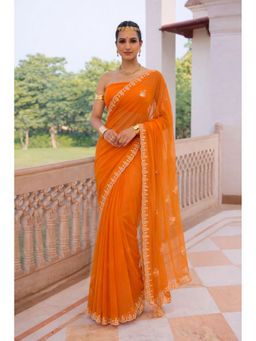 Geroo Jaipur - Orange Chiffon Saree with Gotta Patti with Unstitched Blouse