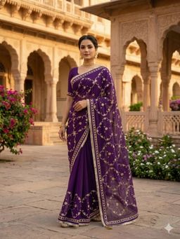 Geroo Jaipur - Purple Chiffon Saree with Gota Patti Jaal Work with Unstitched Blouse